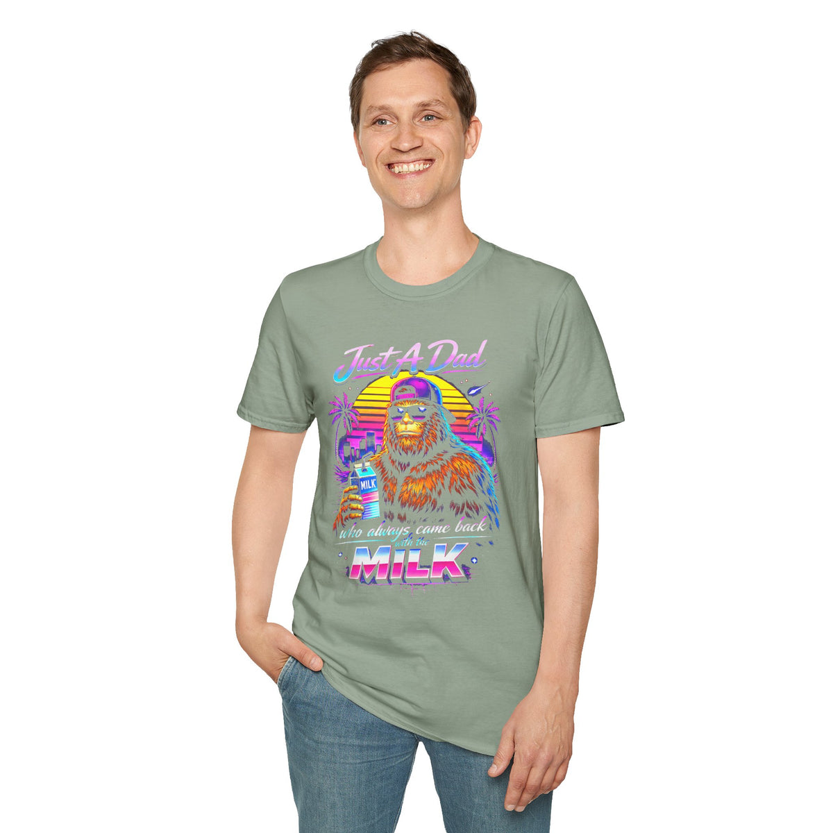 Just A Dad Neon Graphic T-Shirt — Retro Bigfoot Fatherhood 'He Always Comes Back for Milk' Tee