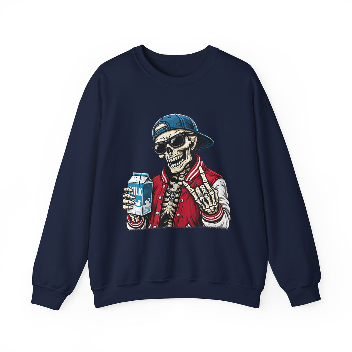 Skull Milk Crewneck Sweatshirt — Retro Skateboarding Skeleton Design