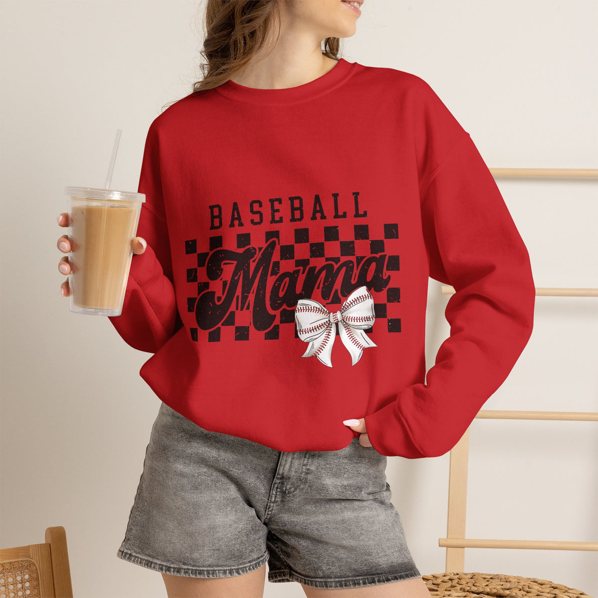 Baseball Mama Sweatshirt — Checkerboard Design with Pink Bow
