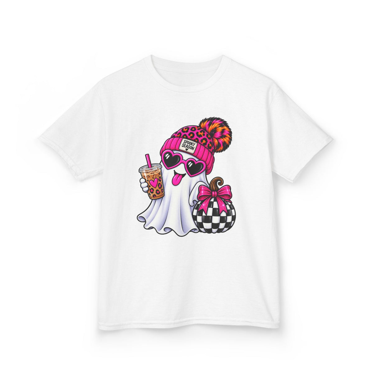 Kids Tee — Cute Halloween Ghost with Leopard Beanie, Boba & Gift