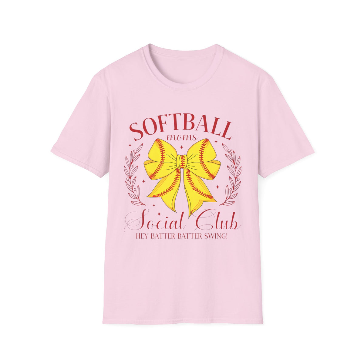 Softball Mom T-Shirt — Yellow Bow Baseball Stitch Design