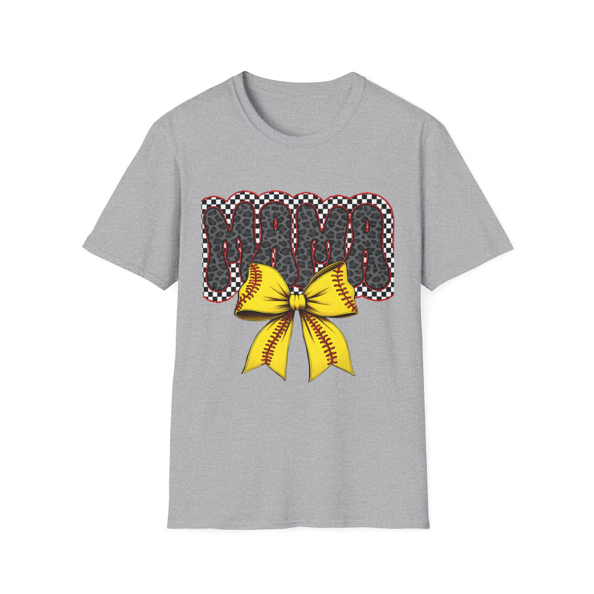 Mama Softball Tee — 'MAMA' Leopard Print with Yellow Stitch Bow
