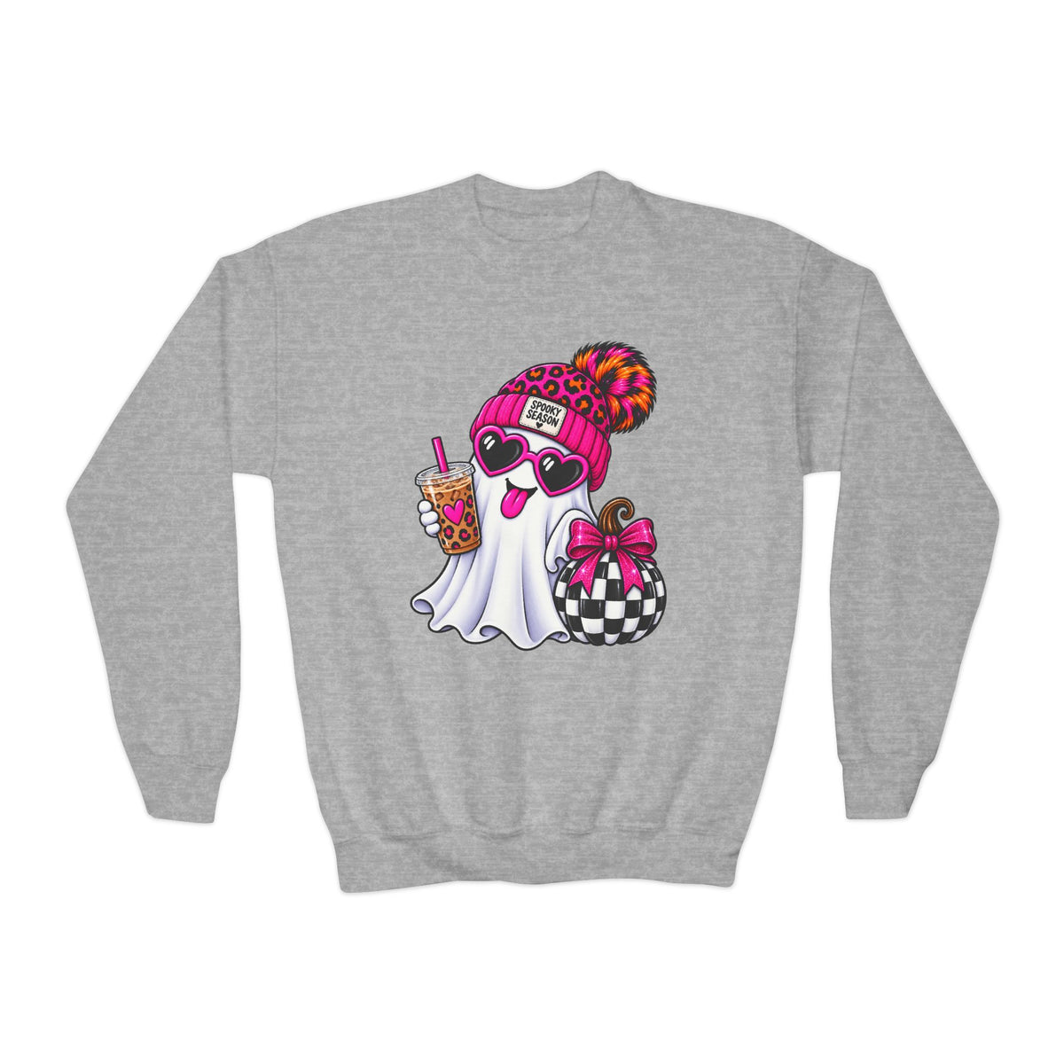 Cute Halloween Youth Crewneck Sweatshirt — Pink Beanie, Heart Sunglasses & Boba Teen Ghost Pullover