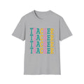 Teacher Repeat Text Tee — Colorful Stacked "TEACHER" Graphic Shirt