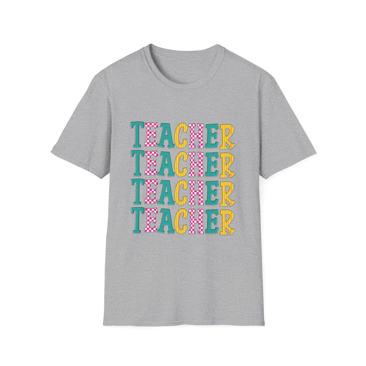 Teacher Repeat Text Tee — Colorful Stacked "TEACHER" Graphic Shirt