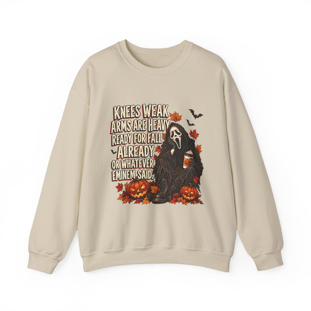 Fall Horror Crewneck Sweatshirt — “Knees Weak Arms Are Heavy Ready For Fall” Halloween Graphic