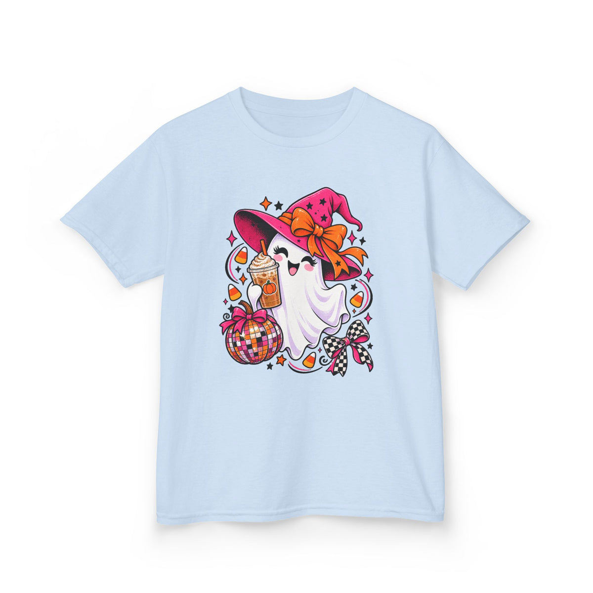 Kids Halloween Ghost T‑Shirt — Cute Witch Hat Ghost with Candy Basket