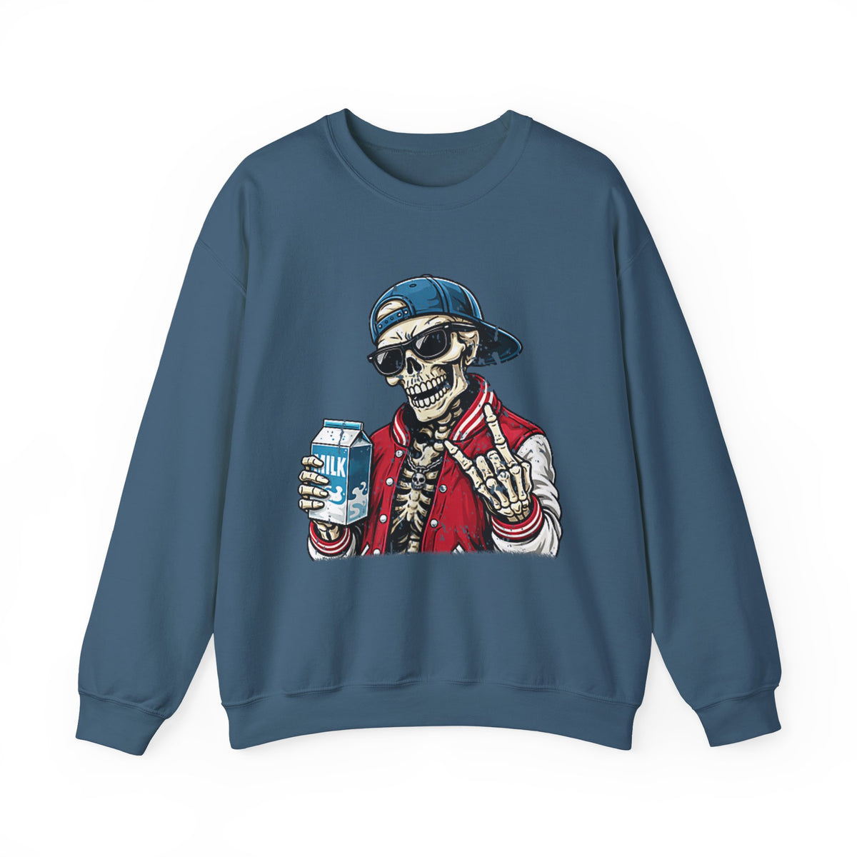 Skull Milk Crewneck Sweatshirt — Retro Skateboarding Skeleton Design