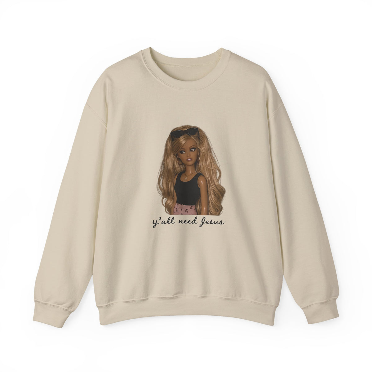 Crewneck Sweatshirt — Barbie Doll Graphic "y'all need Jesus" | Cute Faith Statement Top