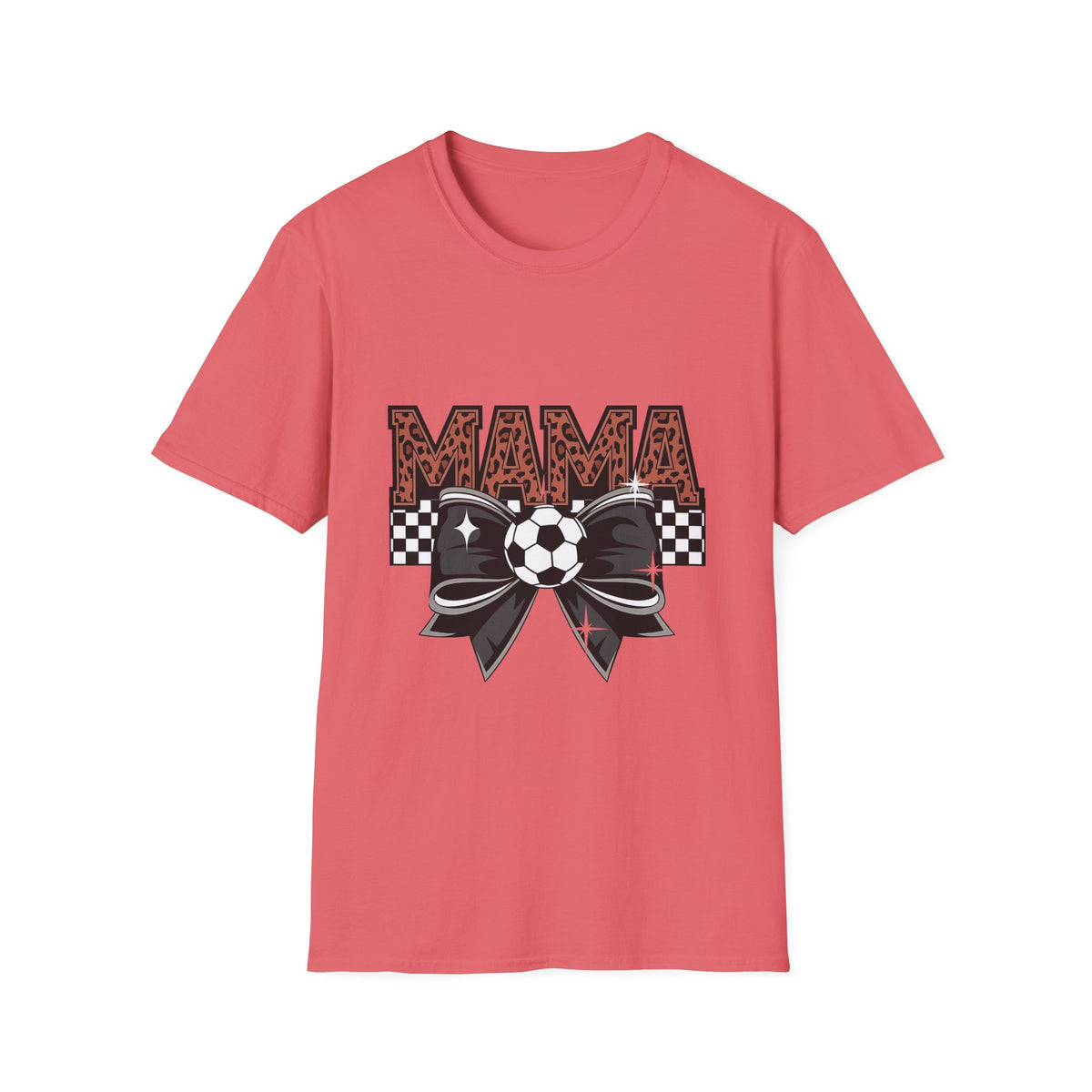 Mama Soccer Mom T-Shirt — Leopard Print & Checkered Bow Design