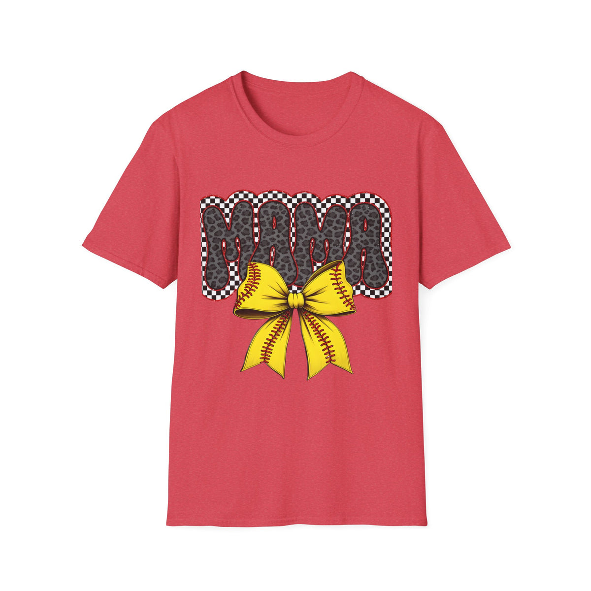 Mama Softball Tee — 'MAMA' Leopard Print with Yellow Stitch Bow