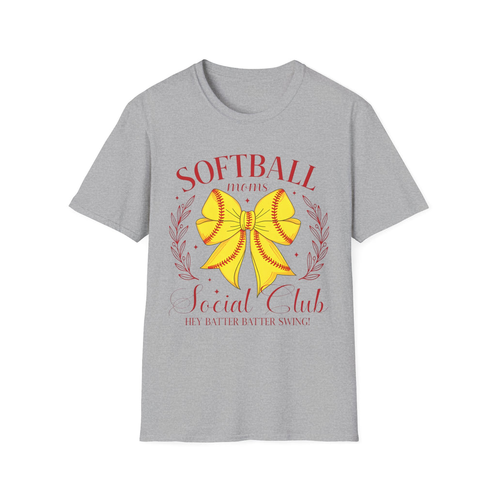 Softball Mom T-Shirt — Yellow Bow Baseball Stitch Design