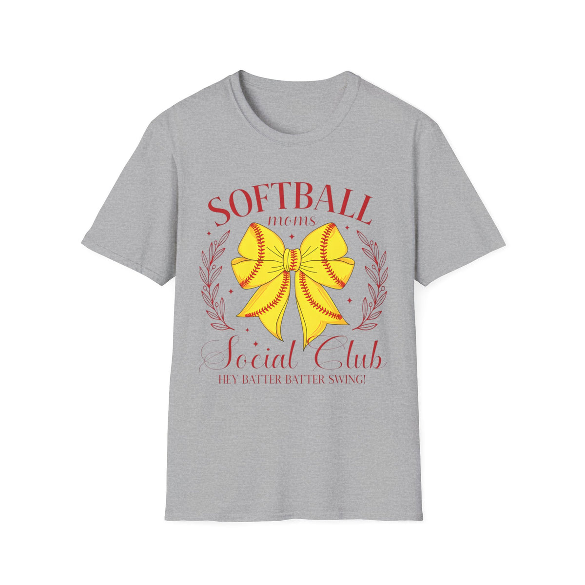 Softball Mom T-Shirt — Yellow Bow Baseball Stitch Design