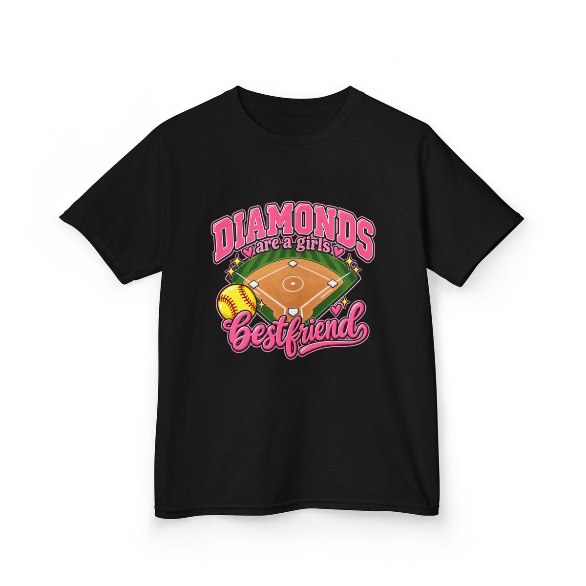 Kids Baseball Tee — "Diamonds Are My Bestfriend" Pink Softball Field Design