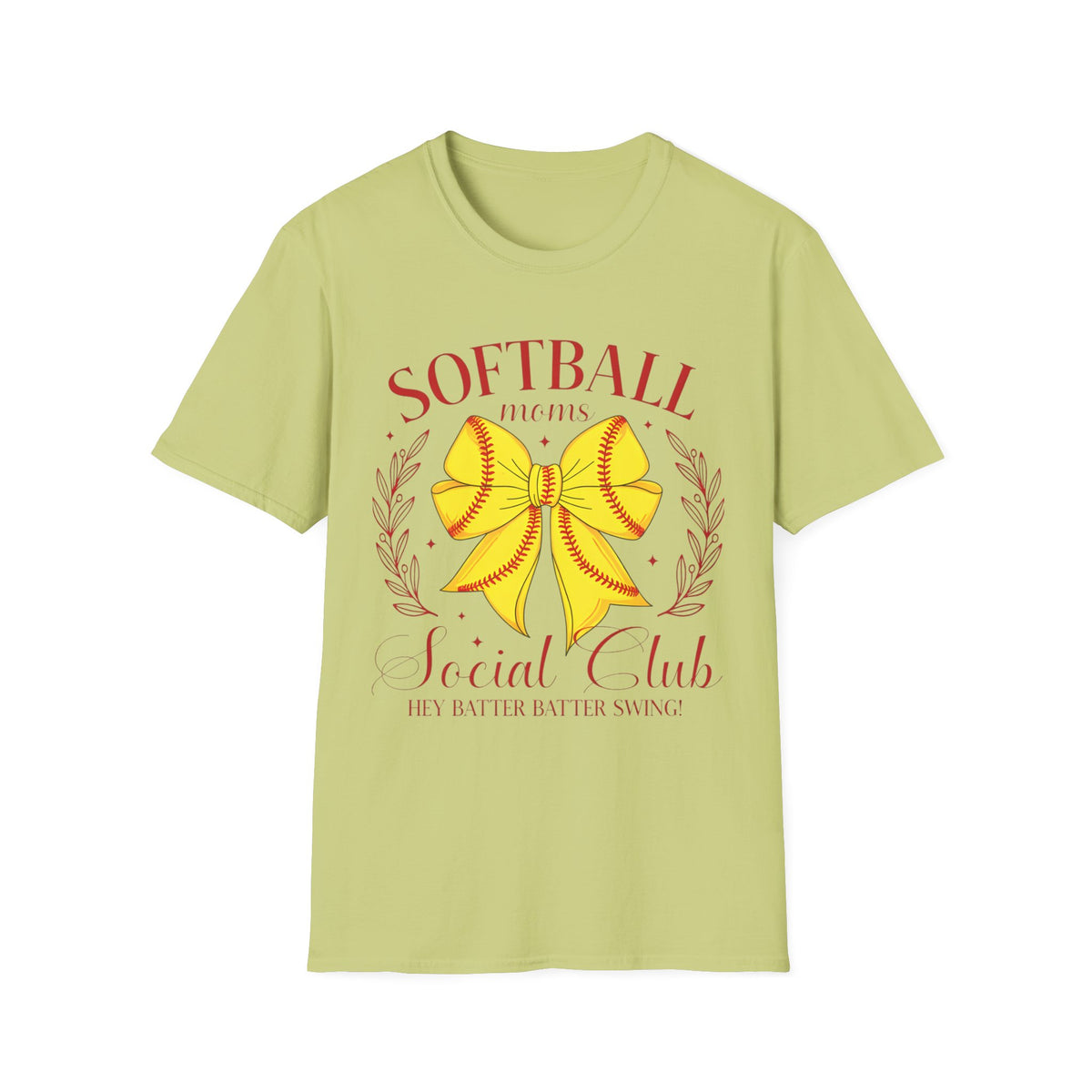 Softball Mom T-Shirt — Yellow Bow Baseball Stitch Design