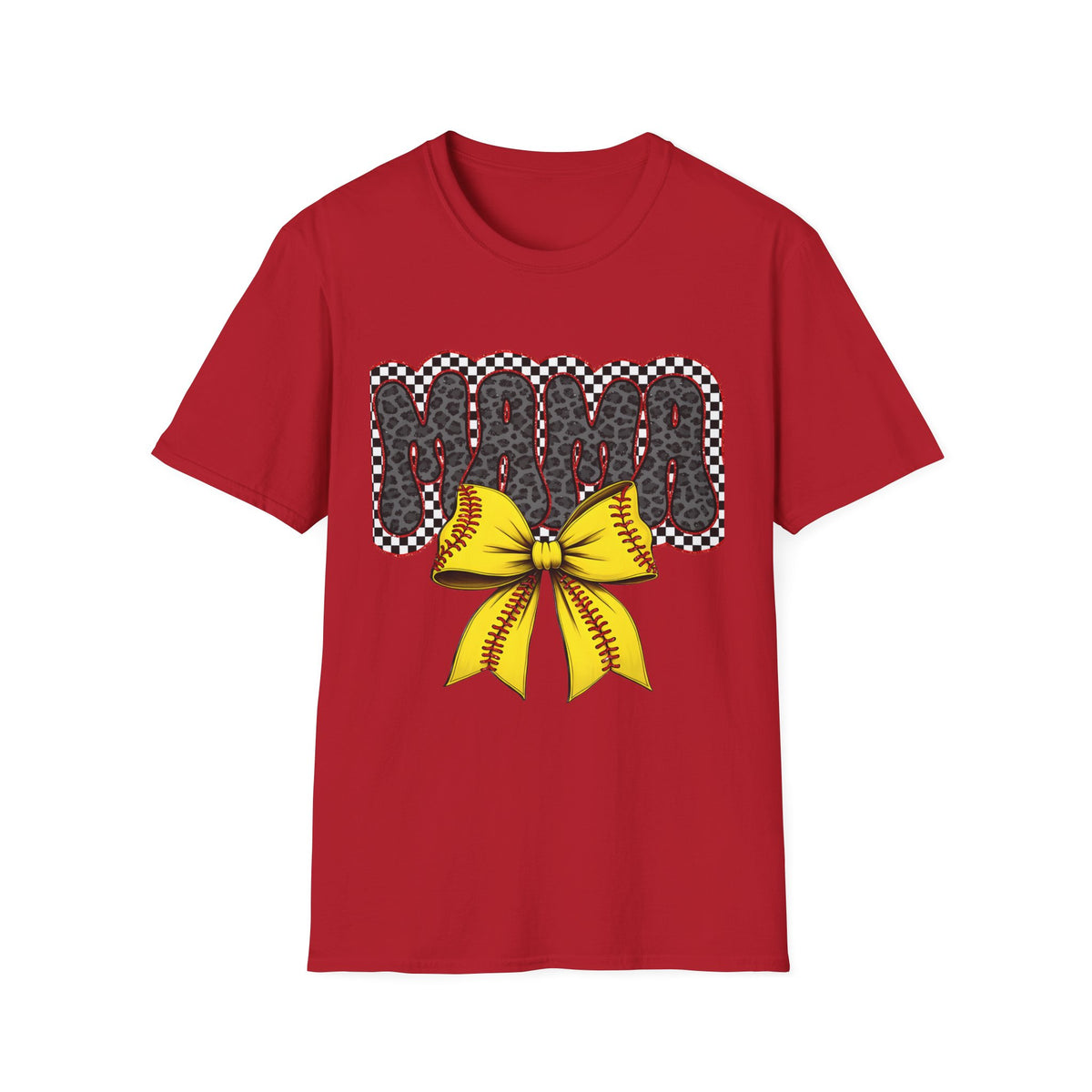Mama Softball Tee — 'MAMA' Leopard Print with Yellow Stitch Bow