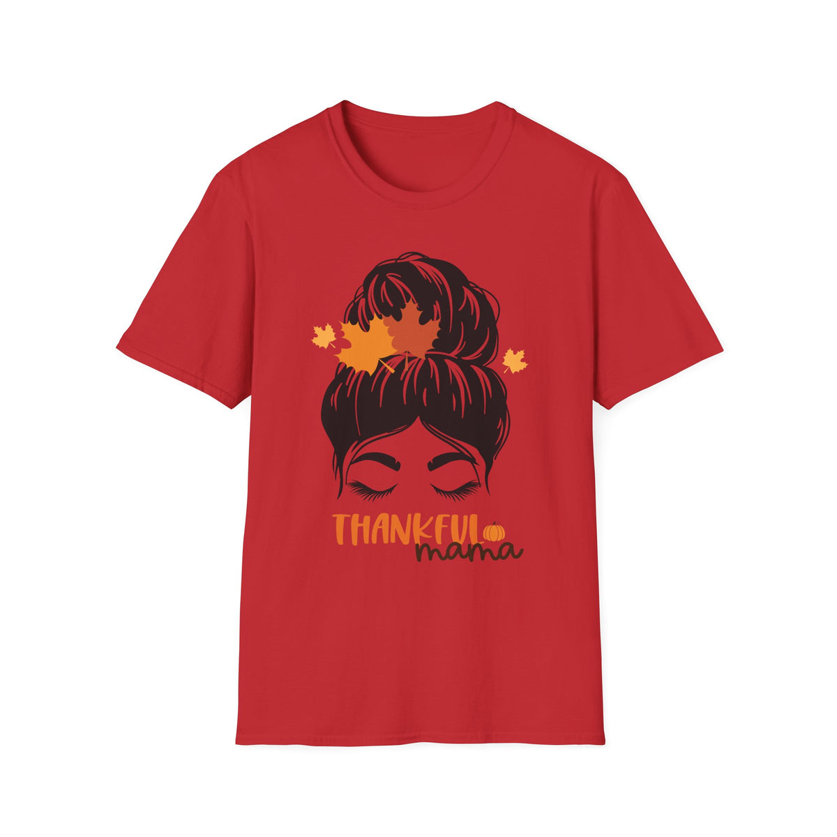 Thankful Mama T-Shirt — Messy Bun with Fall Leaves