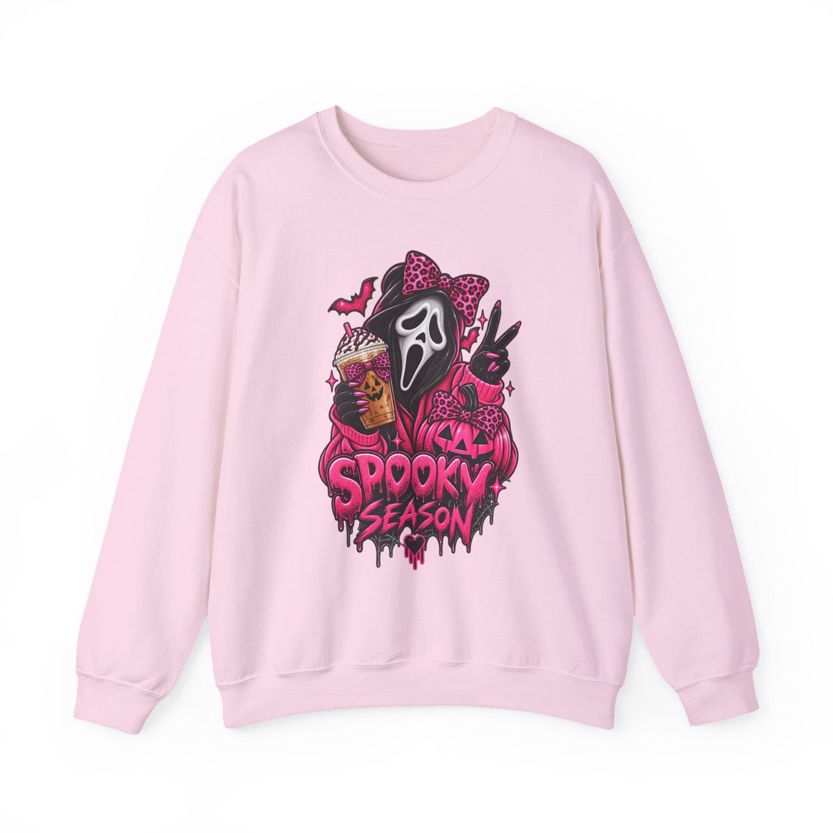 Spooky Season Crewneck Sweatshirt — Pink Horror Mask Graphic