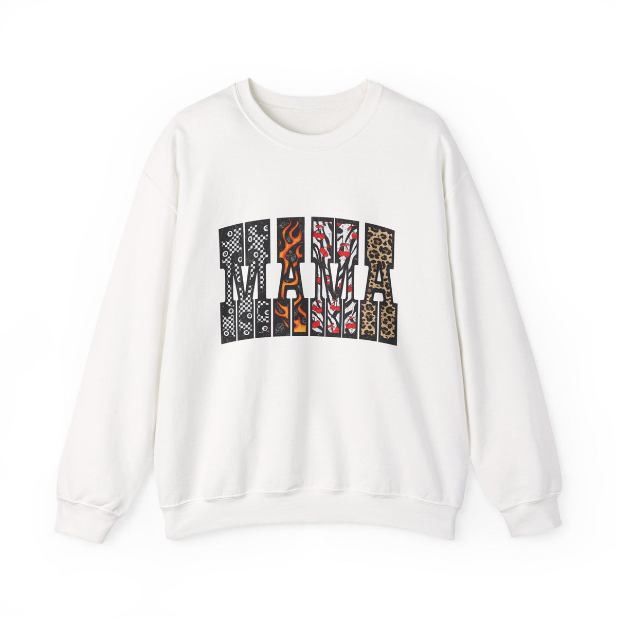 Mama Patchwork Crewneck Sweatshirt — White Graphic "MAMA" Patterned Pullover