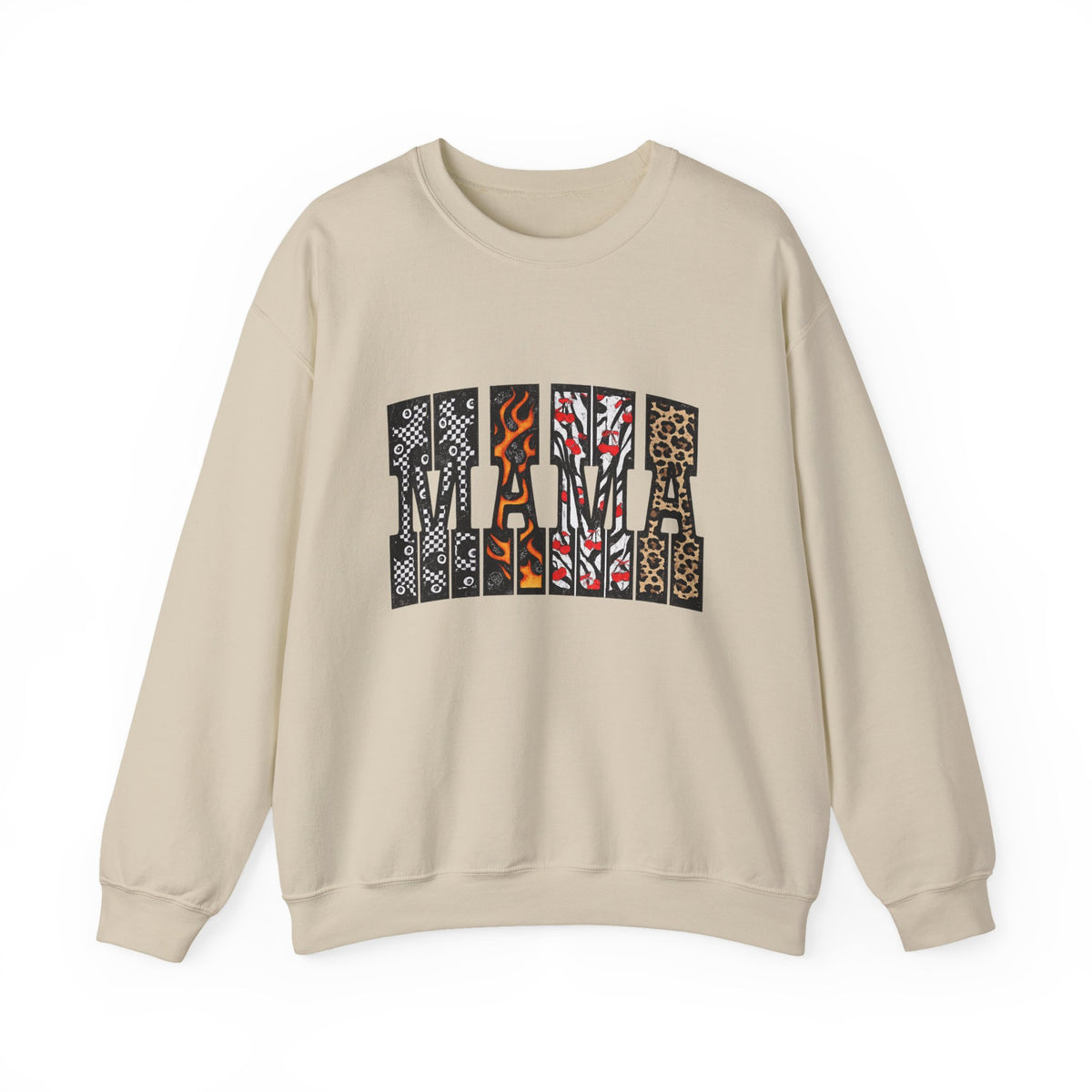 Mama Patchwork Crewneck Sweatshirt — White Graphic "MAMA" Patterned Pullover