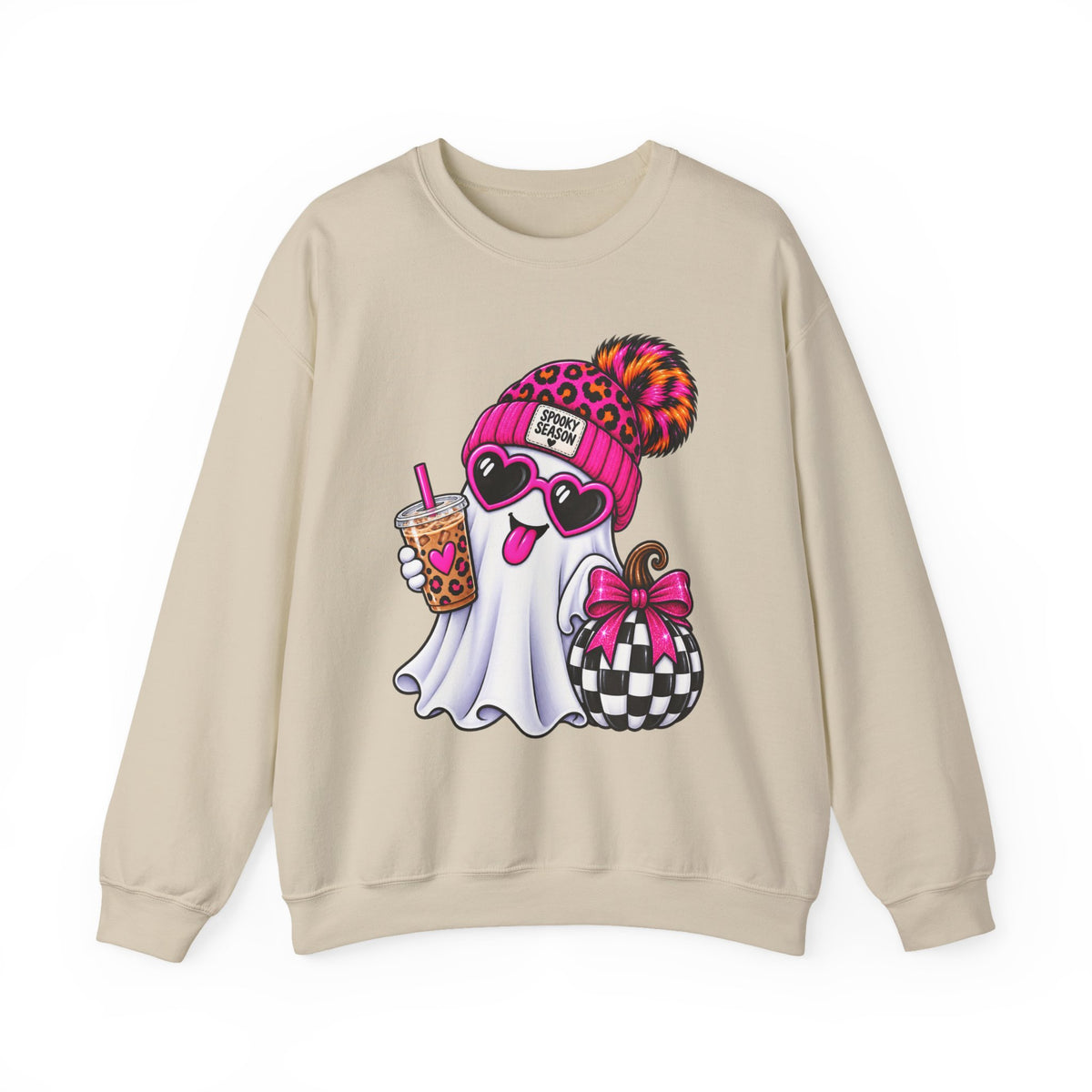 Ghost with Boba & Bow Sweatshirt — Cute Pink Leopard Beanie Halloween Crewneck