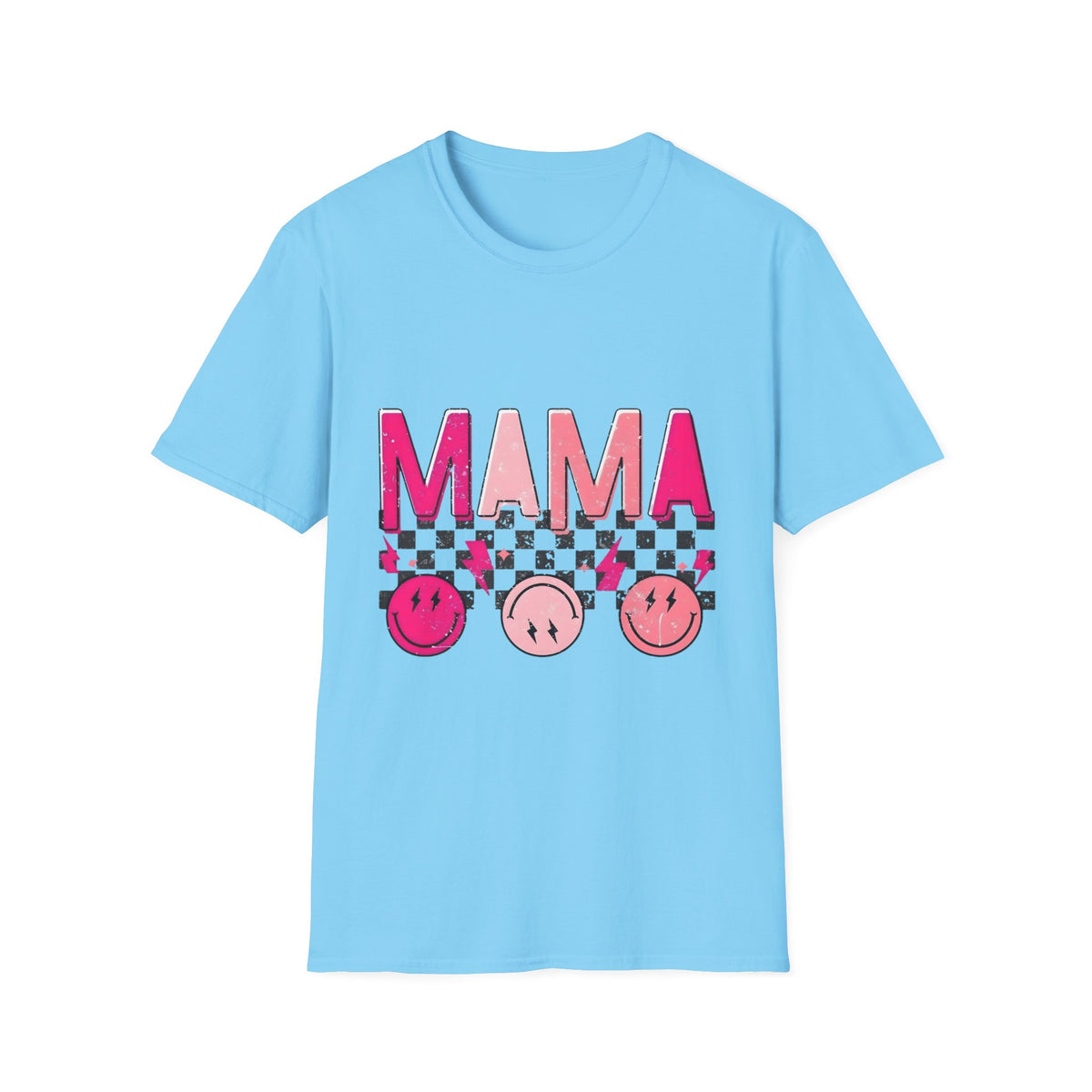 Mama Graphic T-Shirt — Pink Checkerboard Smiley Design
