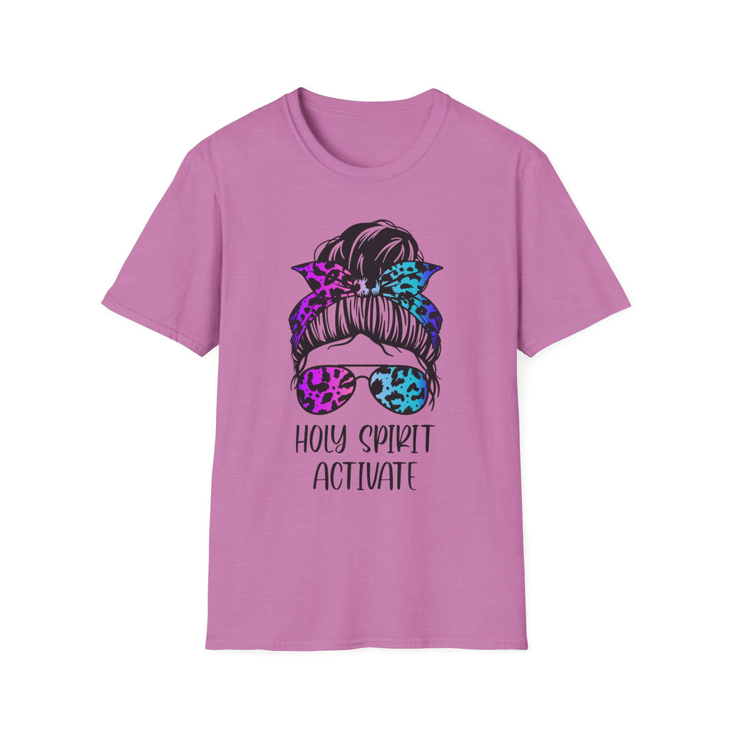T-Shirt — Holy Spirit Activate Messy Bun Graphic Tee (Leopard Bow & Sunglasses)