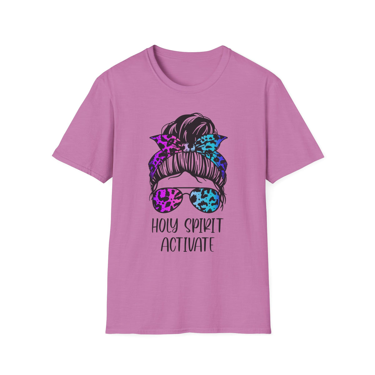 T-Shirt — Holy Spirit Activate Messy Bun Graphic Tee (Leopard Bow & Sunglasses)