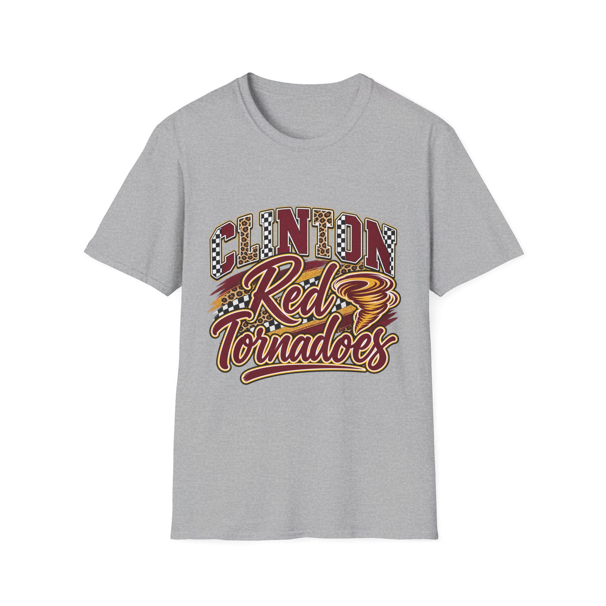 Clinton Reds Tornadoes Graphic T-Shirt — Leopard & Checker Retro School Spirit Tee