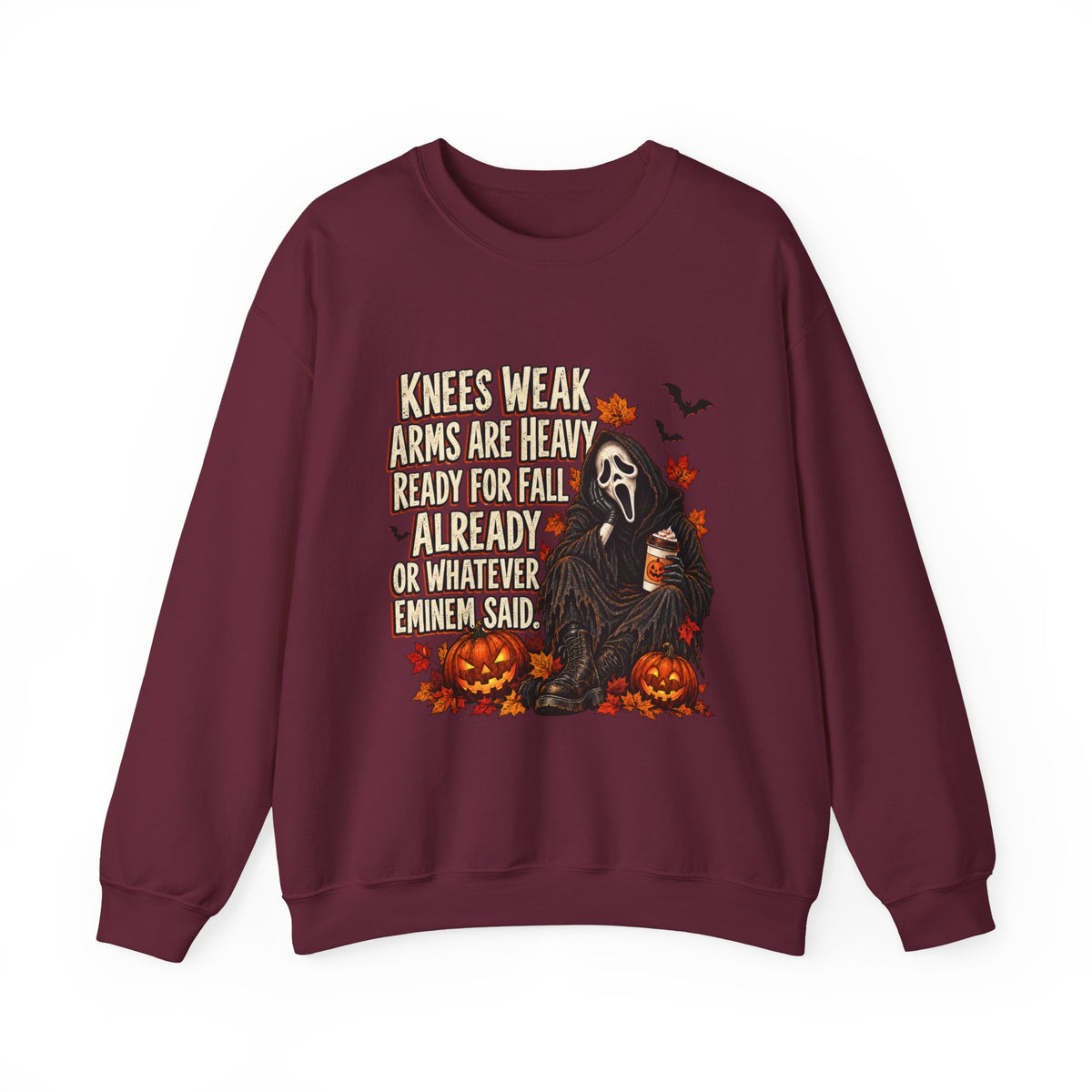 Fall Horror Crewneck Sweatshirt — “Knees Weak Arms Are Heavy Ready For Fall” Halloween Graphic