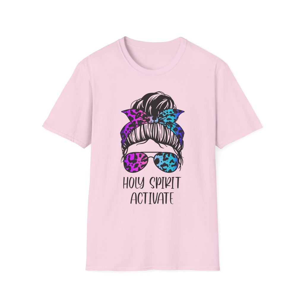 T-Shirt — Holy Spirit Activate Messy Bun Graphic Tee (Leopard Bow & Sunglasses)