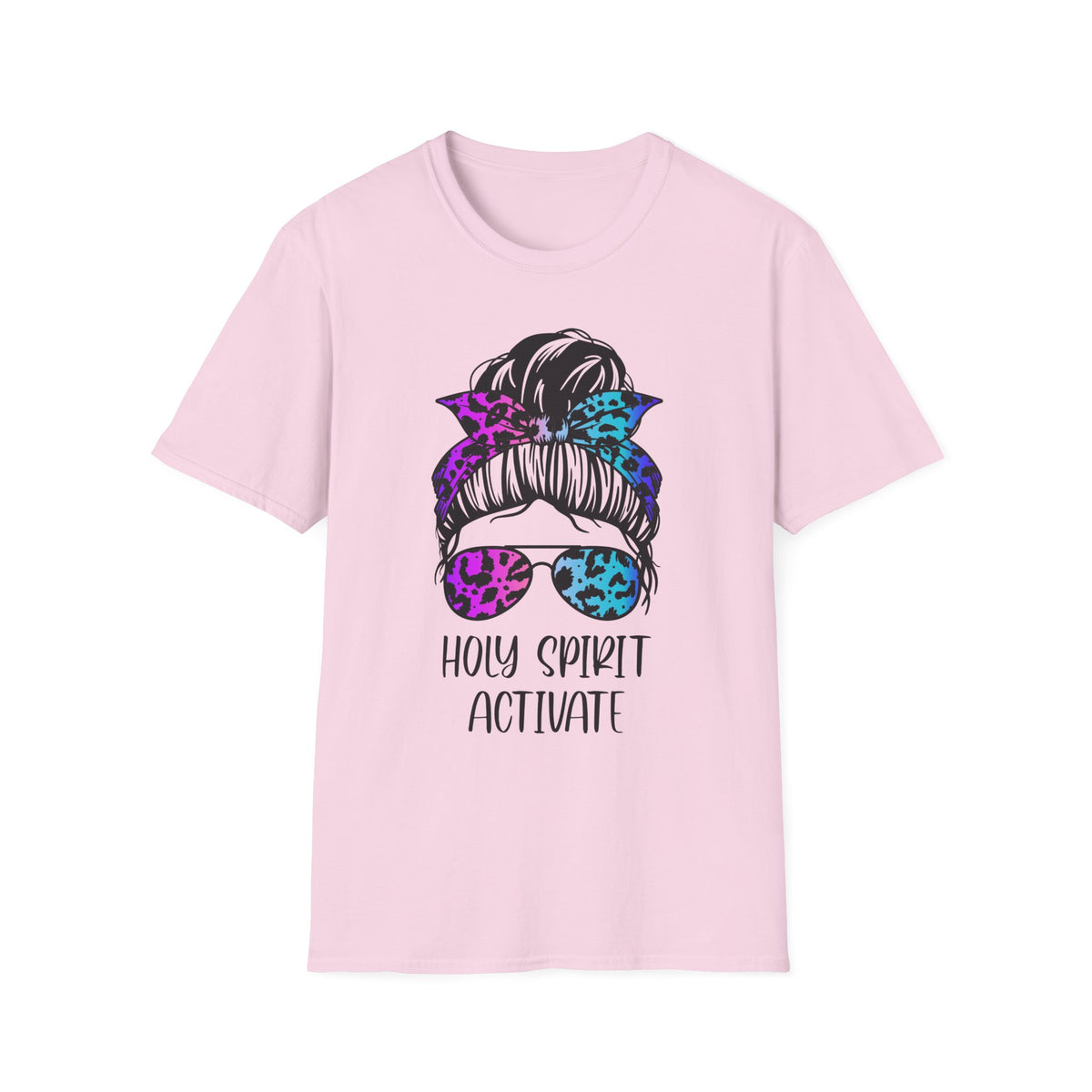 T-Shirt — Holy Spirit Activate Messy Bun Graphic Tee (Leopard Bow & Sunglasses)