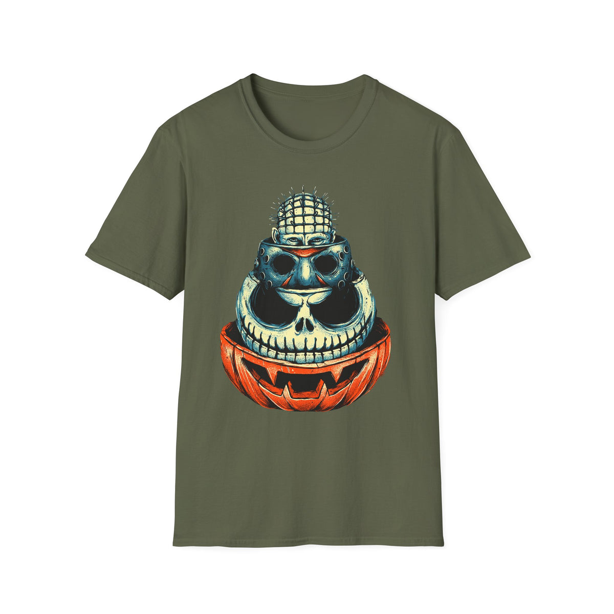 Skull Pumpkin Stack T‑Shirt — Halloween Horror Graphic Tee